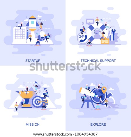 Modern flat concept web banner of Technical Support, Mission, Explore and Startup with decorated small people character. Conceptual vector illustration for web and graphic design, marketing.