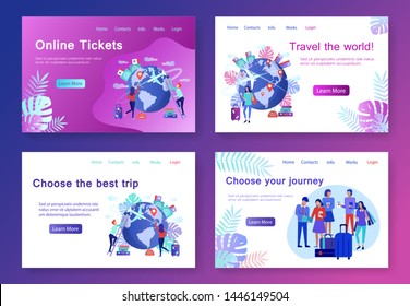 Modern flat concept web banners Travel Agency with people character. World traveling, international journey, summer vacation concept. Summertime vacation and exotic traveling. Vector illustration.