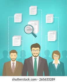 Modern flat conceptual illustration of human resources management, searching for perfect staff, analyzing resume, head hunting concept. Group of applicants of different genders in business suits