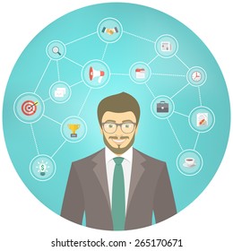 Modern flat conceptual illustration of young smiling hipster businessman in a suit with icons of marketing, analytics, finance. New start up concept. Consulting service. Infographics design element.
