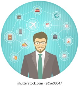 Modern flat conceptual illustration of young smiling businessman in a suit with traveling icons on blue striped round background. International business travel concept. Infographics design element