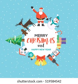 Modern Flat creative Christmas greeting card design. Happy holidays. Can be used as Christmas card, poster, banner, frame. Vector Illustration