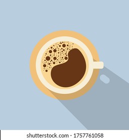 Modern flat cup of coffee illustration with top view, espresso or cappuccino on blue background with shadow. Trendy cute illustration for cafe, restaurant or logo. Eps 10 vector