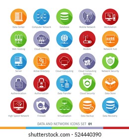 Modern Flat Data and Networks Icons Set with Long Shadow. Isolated on White Background.