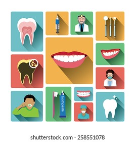 Modern flat dental icons set with long shadow effect