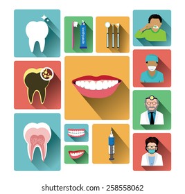 Modern flat dental icons set with long shadow effect