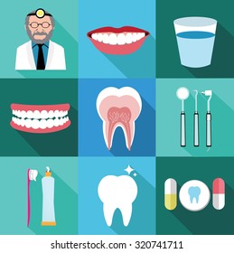 Modern flat dental icons set with long shadow effect