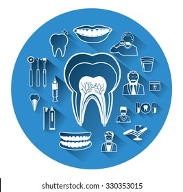 Modern flat dental icons set with long shadow effect
