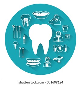 Modern flat dental icons set with long shadow effect