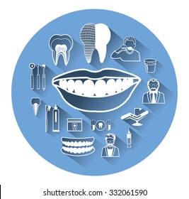 Modern flat dental icons set with long shadow effect