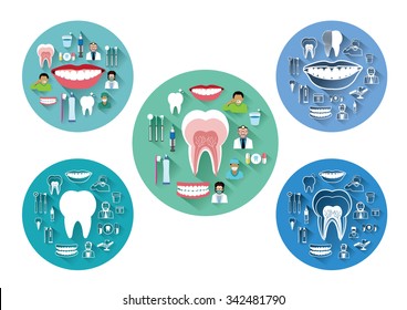 Modern flat dental icons set with long shadow effect