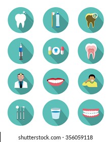 Modern flat dental icons set with long shadow effect