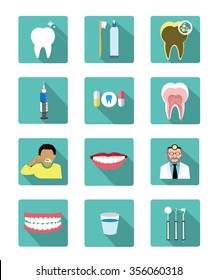 Modern flat dental icons set with long shadow effect