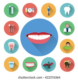 Modern flat dental icons set with long shadow effect