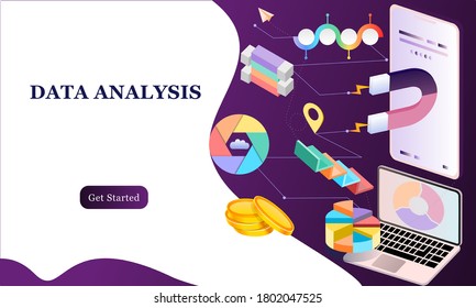 Modern flat design 3d isometric concept of Big Data Analysis for banner and website. Isometric landing page template. Digital information chart and statistic financial budget. Vector illustration.