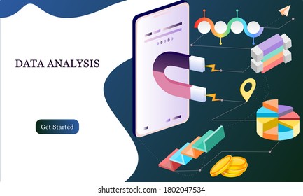 Modern flat design 3d isometric concept of Big Data Analysis for banner and website. Isometric landing page template. Digital information chart and statistic financial budget. Vector illustration.