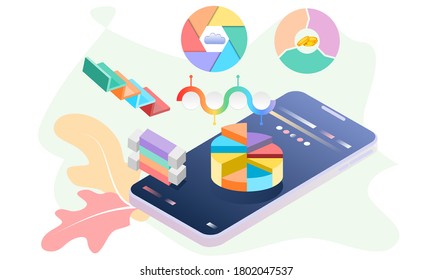 Modern flat design 3d isometric concept of Big Data Analysis for banner and website. Isometric landing page template. Digital information chart and statistic financial budget. Vector illustration.