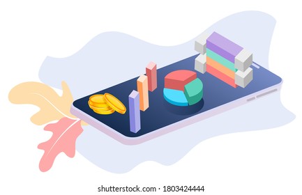 Modern flat design 3d isometric concept of Big Data Analysis for banner and website. Isometric landing page template. Digital information chart and statistic financial budget. Vector illustration.