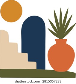 Modern flat design abstract illustration featuring a terracotta vase with spiky green leaves, a navy blue arch doorway