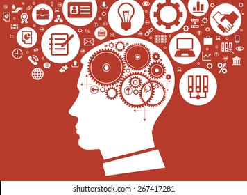 Modern flat design background. The concept of modern business. Silhouette of the man head with gears surrounded by icons of business