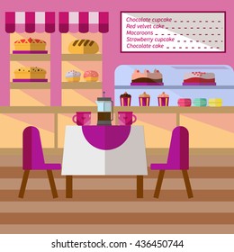 Modern Flat Design bakery shop Interior Vector Illustration. 