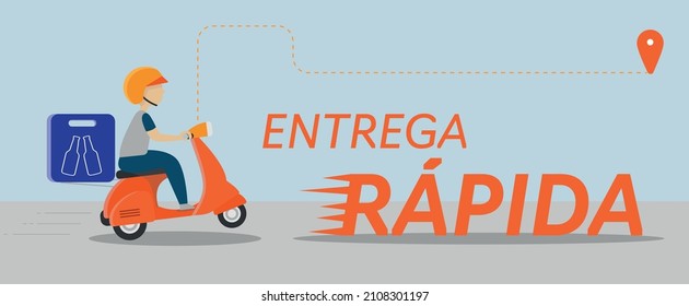 modernes Flachdesign-Banner mit Lieferant auf einem Motorrad, der Getränke aus portugiesischem "Fast Delivery" liefert
(schnelle Lieferung)