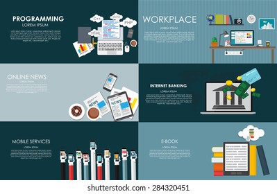Modern Flat Design Banner for your Business with Programming, Modern Workplace, Online News, Internet Banking, Mobile Services and E-Book Vector Illustration EPS10