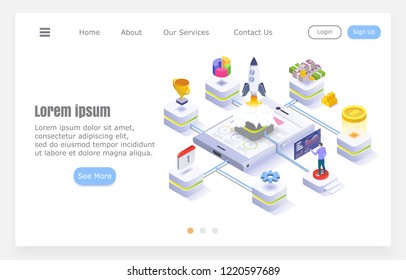 Modern flat design, business start-up, rocket with infographic elements, vector isometric illustration on white background, project for website.