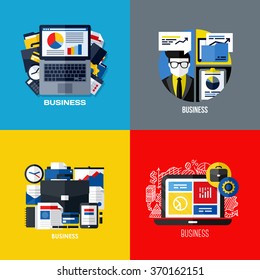 Diseño plano moderno de organización de flujo de trabajo de negocios, servicios financieros para empresas, proceso de administración de oficinas. Conjunto de conceptos de ilustraciones vectoriales coloridas