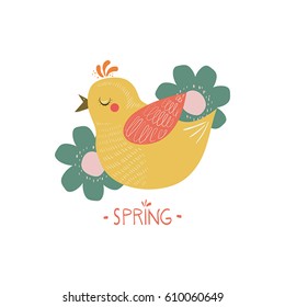 Modern flat design with chicken and spring text isolated on white background