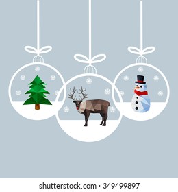 Modern flat design of Christmas balls with reindeer, pine tree and snowman