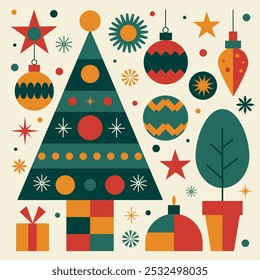 Modern flat design Christmas tree and decorations illustration, colorful, geometric, retro-inspired Christmas design
