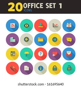 Modern flat design colored office icons, set 1, with long shadow