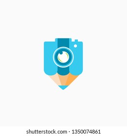 Modern flat design combining pencil and blue camera. Can be used for company logo photography, art, icons, etc.