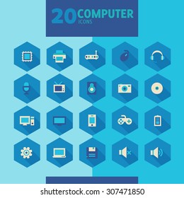 Modern flat design computer icons on hexagon buttons in blue gamut, 10 eps