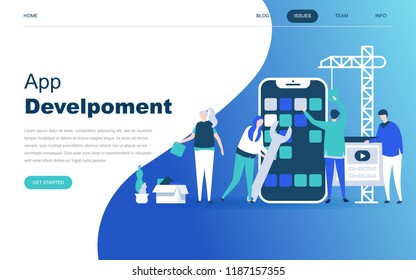 Modern flat design concept of App Development for website and mobile website development. Landing page template. Developing programming a new project using mobile application. Vector illustration.