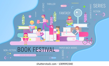 Modern Flat Design Concept for Bookstore and Festival or Fair Advertising. Small Characters Cartoon People Reading and Sitting on Big Books. Vector Illustration. Blue Gradient Background.