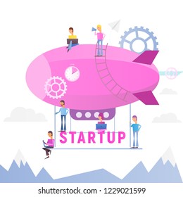 Modern Flat Design Concept of Business Startup. Young Men people Fly on Airship. Cohesive Teamwork in the Startup. Vector Illustration for Web, Banner, Social Media and Landing Page. White Background.