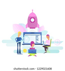 Modern Flat Design Concept of Business Startup. Young Men wiht Laptop Have an Idea. Cohesive Teamwork. Vector Illustration for Social Media and Landing Page. Square Format. Isolated on White Backgroun
