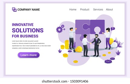 Modern Flat design concept of Business Solutions with Characters composing puzzle and businessman shaking hands. Can use for banner, infographics, landing page, web template. Flat vector illustration