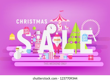 Modern Flat Design Concept of Christmas Big Sale – Storefront of Xmas Shop on Violet Background with Santa Claus. Vector Illustration for Mobile Apps and Web Site Design.