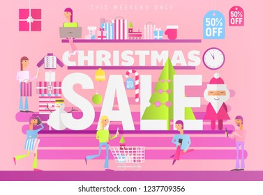 Modern Flat Design Concept of Christmas Big Sale – People Making Purchases in Xmas Shop on Pink Background. Vector Illustration for Mobile Apps and Web Site Design.
