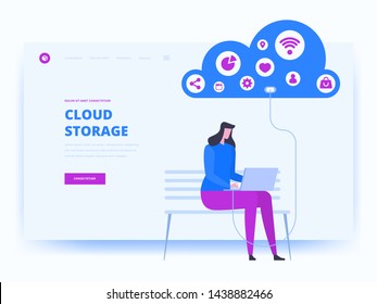 Modern flat design concept of Cloud Technology for website and mobile website development. Landing page template. Cloud computing service online media file data backup storage. Vector illustration.