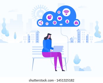 Modern flat design concept of Cloud Technology for website and mobile website development. Landing page template. Cloud computing service online media file data backup storage. Vector illustration.
