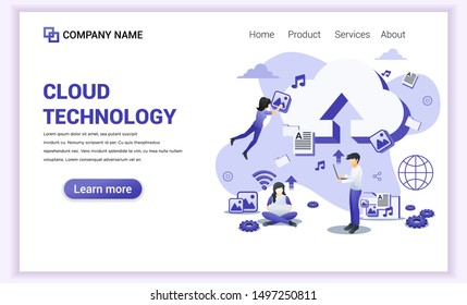 Modern flat design concept of Cloud technology, digital storage, data center with characters. Can use for banner, mobile app, landing page, web design template. Flat vector illustration