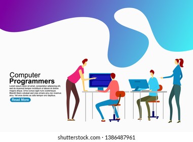 Modern flat design concept of Computer Programmers for website and mobile website development. Landing page template. Developer of project team of engineers for website coding. Vector illustration. 
