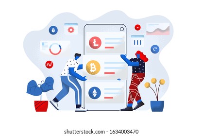 Modern flat design concept of Cryptocurrency Exchange. Young man and woman working together on project. M-banking and Trading concept. Easy to edit and customize. Vector illustration