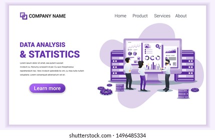 Modern flat design concept of Data Analysis. Characters in front presentation screen showing data and graph. Can use for analysis, content strategy, landing page, website. Flat vector illustration