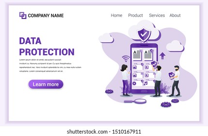 Modern flat design concept of Data Protection with Characters people protecting data on giant phone. Can use for web banner, landing page, infographics, web design template. Flat vector illustration