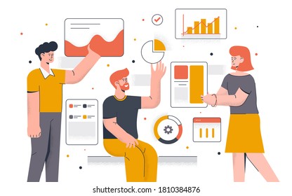 Modern flat design concept of Data Analysis. Young man and woman working together on project. Office work and time management. Easy to edit and customize. Vector illustration